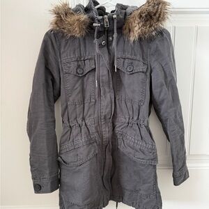 LOFT Gray Parka with Faux Fur Trim